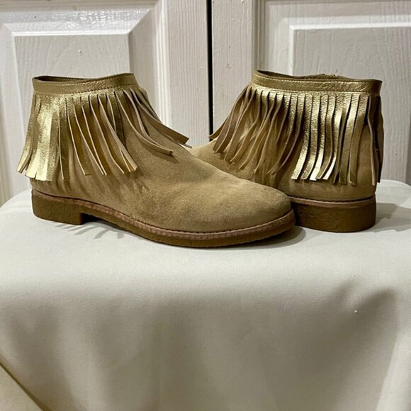 kATE SPADE ANKLE BOOTS FRINGE BOHO SUEDE GIPSY TAN/GOLD TRUFFLE SIZE 6.5 - Picture 3 of 16